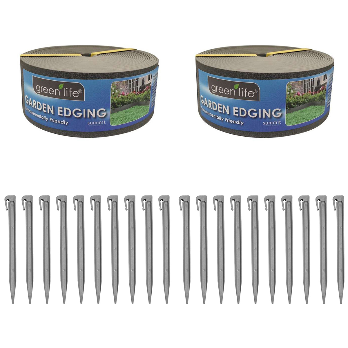 Greenlife Plastic Garden Edging 2 x (1000 x 7.5cm) with 20 Pegs Slate Grey