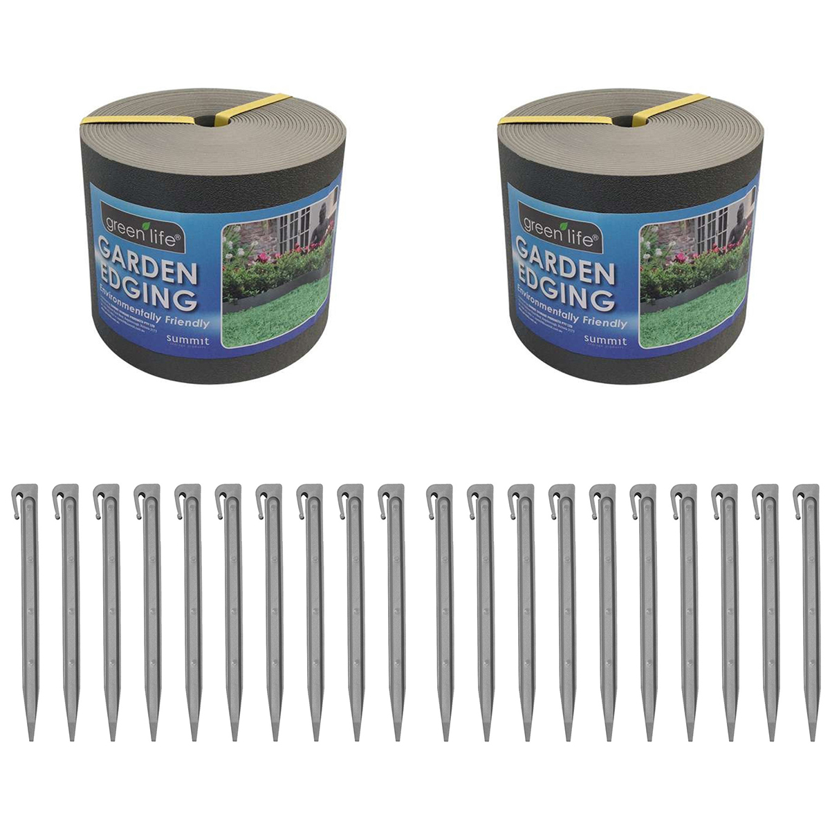 Greenlife Plastic Garden Edging 2 x (1000 x 15cm) with 20 Pegs Slate Grey