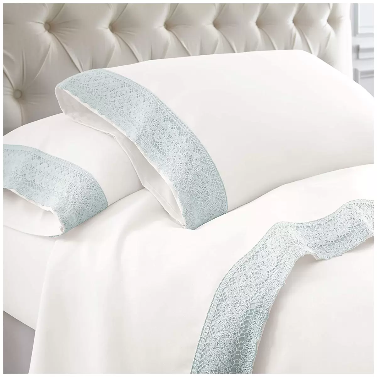 Kingtex Crochet-lace Microfibre Sheet Set 1500 Series Single - Ice Blue/White