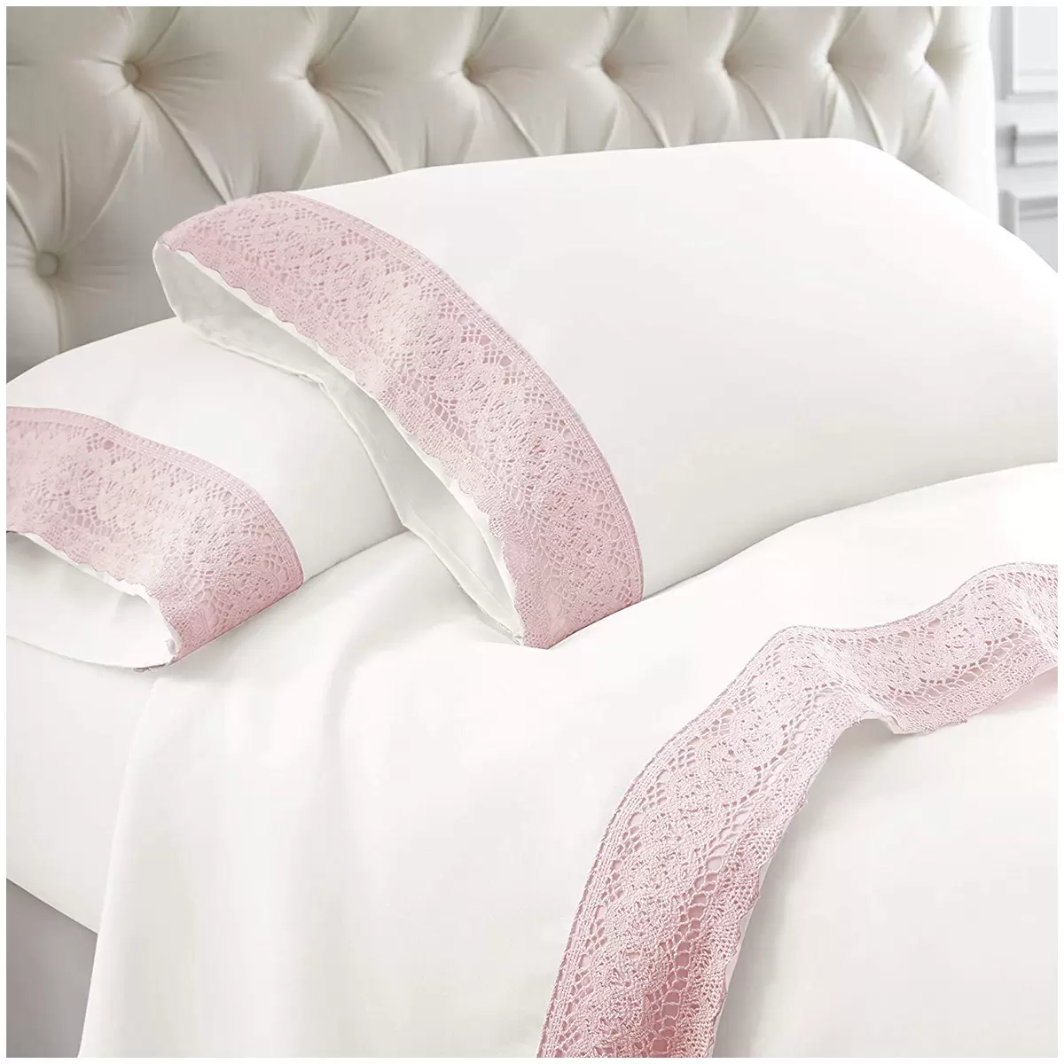 Kingtex Crochet-lace Microfibre Sheet Set 1500 Series Single - Rose Pink/White