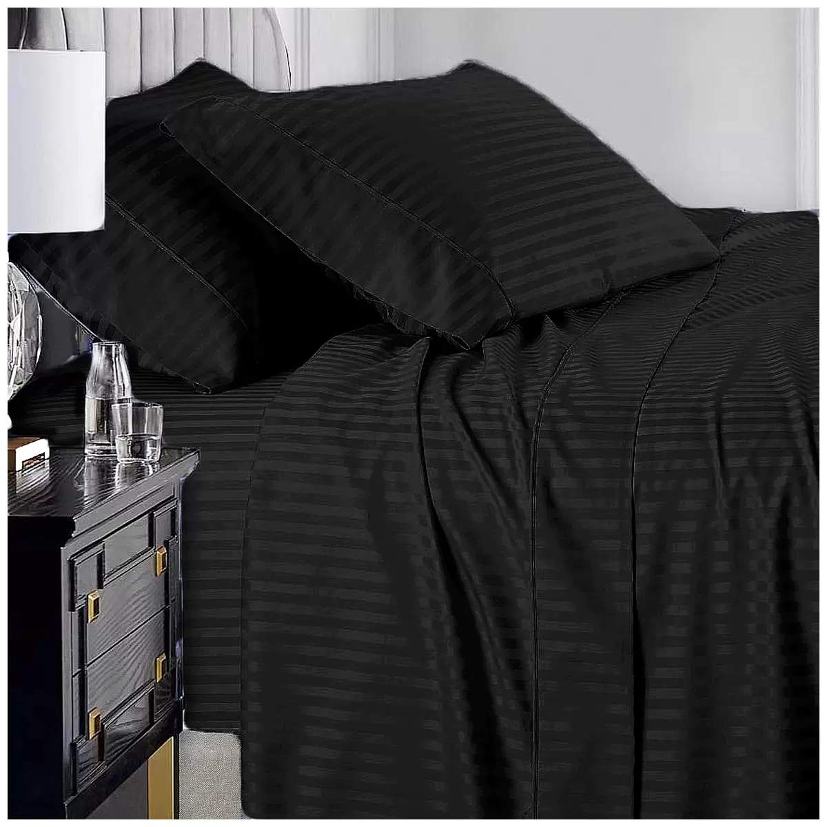 Ramesses 1000 Thread Count Pima Cotton Narrow Stripe Queen Sheet Set Black