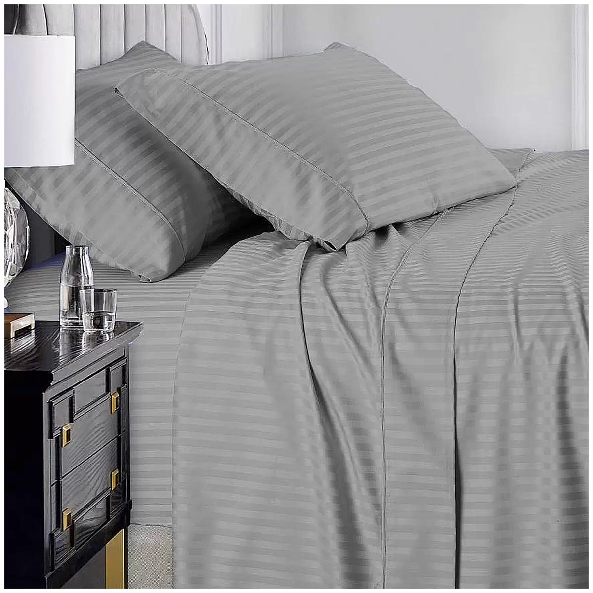 Ramesses 1000 Thread Count Pima Cotton Narrow Stripe Queen Sheet Set Silver