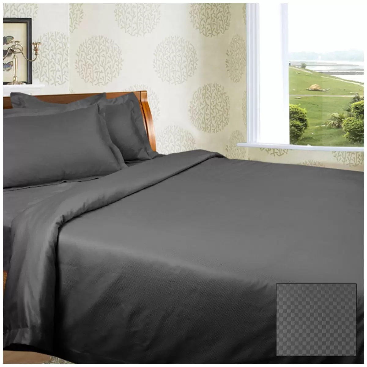 Kingtex Diamond Check Cotton Sateen Dobbly 1350TC King Sheet Set - Charcoal