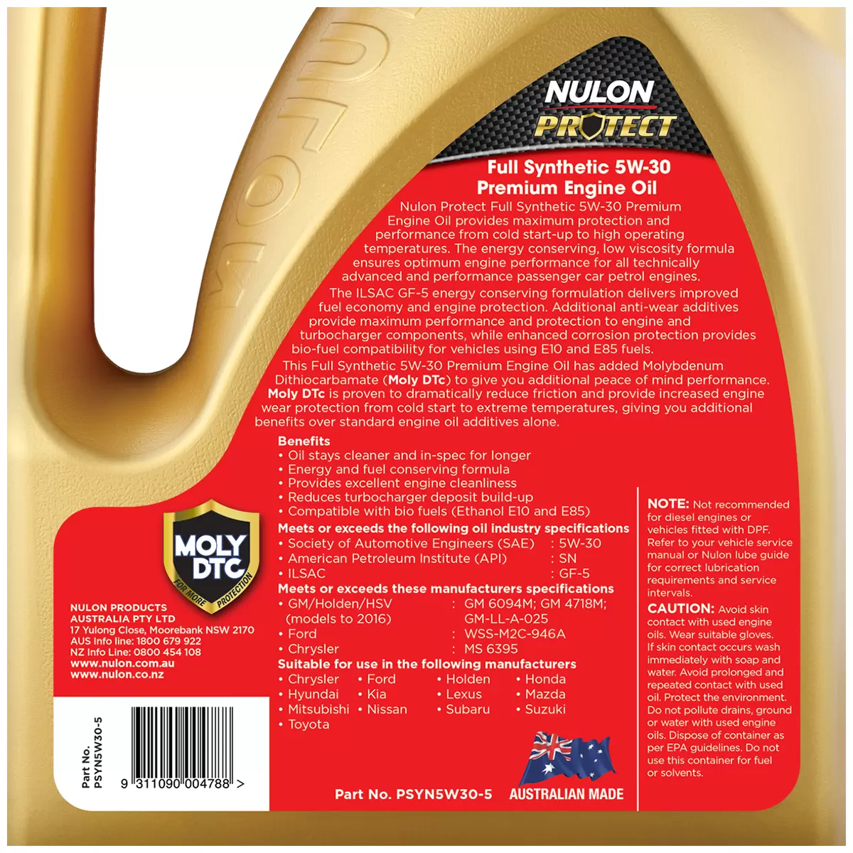 Nulon Protect Full Synthetic Petrol Engine Oil 5W-30 5L