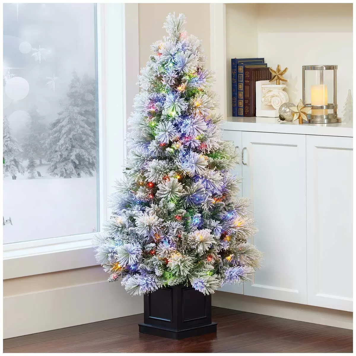 Pre-Lit Glitter Flocked Potted Artificial Christmas Tree 1.37M