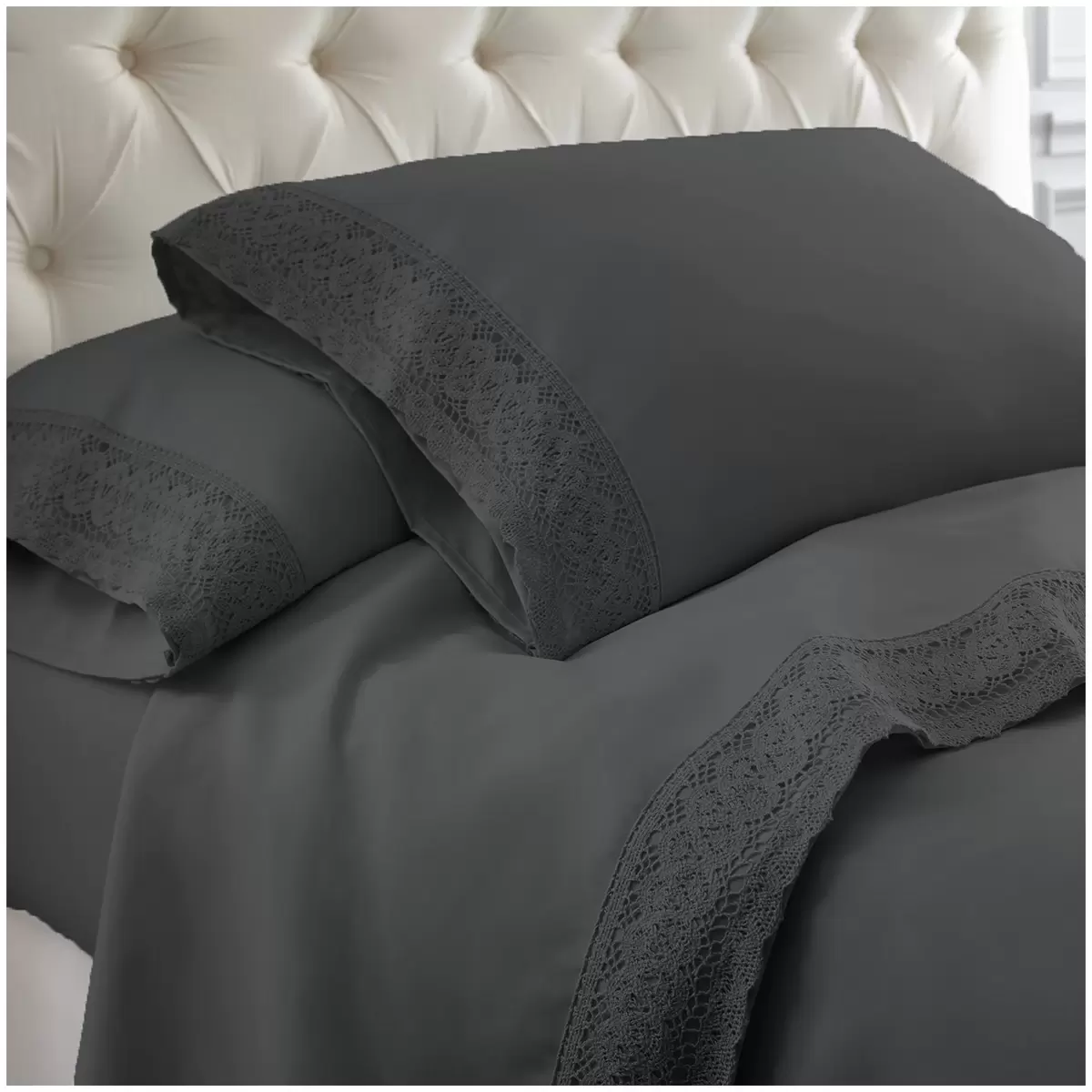 Kingtex Crochet-lace Microfibre Sheet Set 1500 Series Single - Charcoal