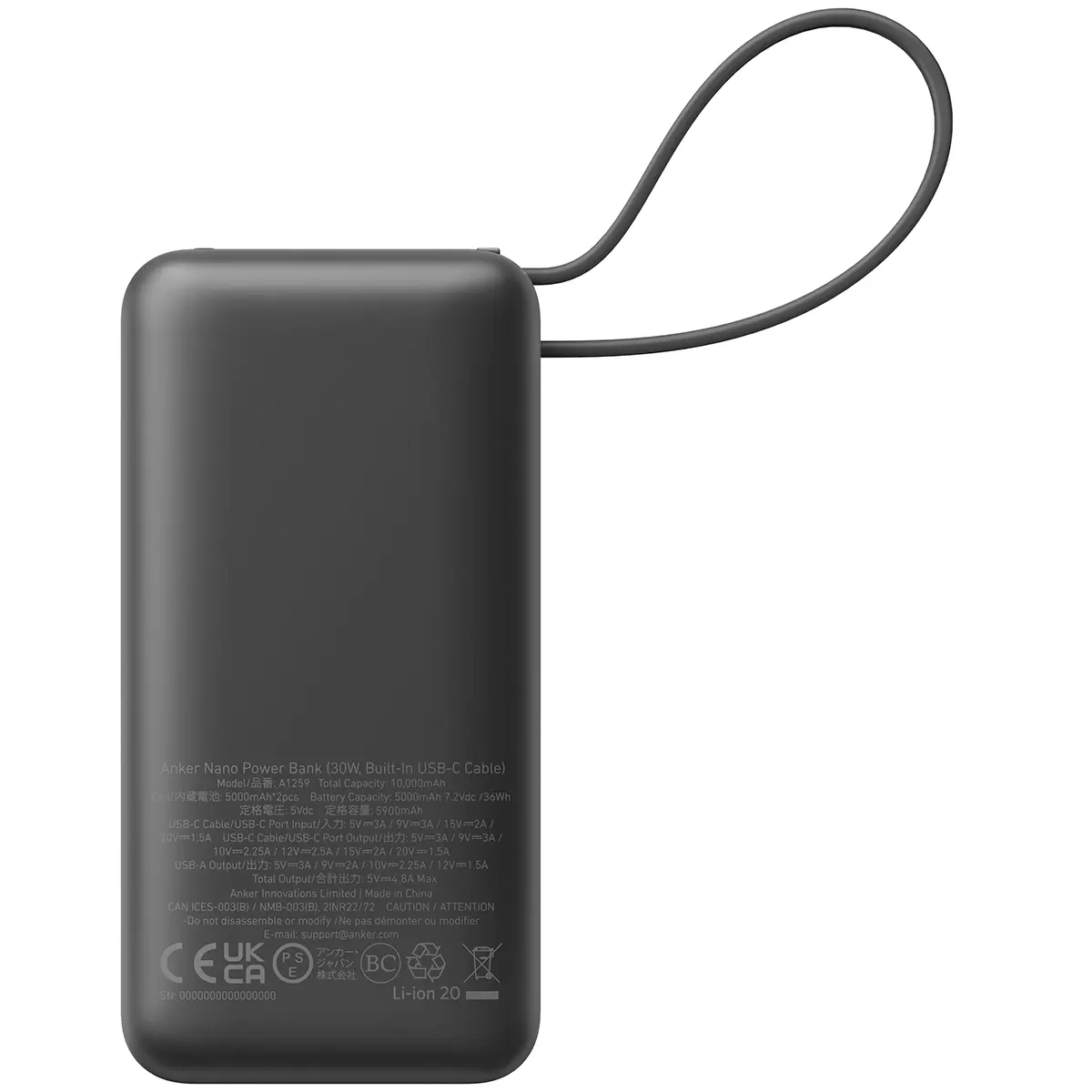 Anker Nano 10K 30W Power Bank With Built In USB-C Cable Black A1259H11