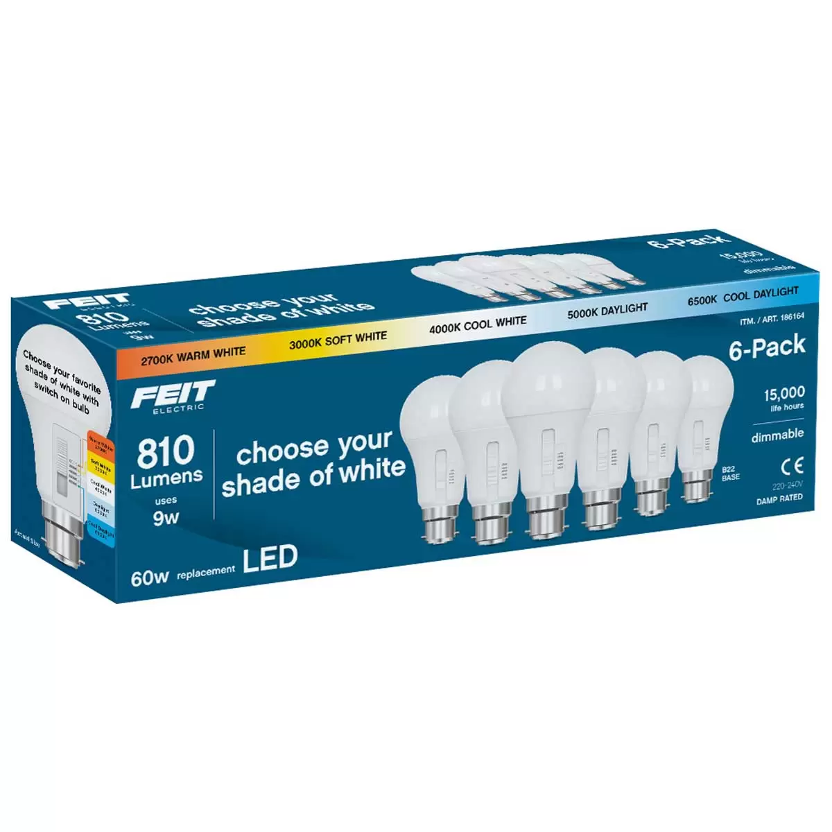 FEIT 60W 5CCT Omni LED A-Lamp B22 BASE 6 Pack