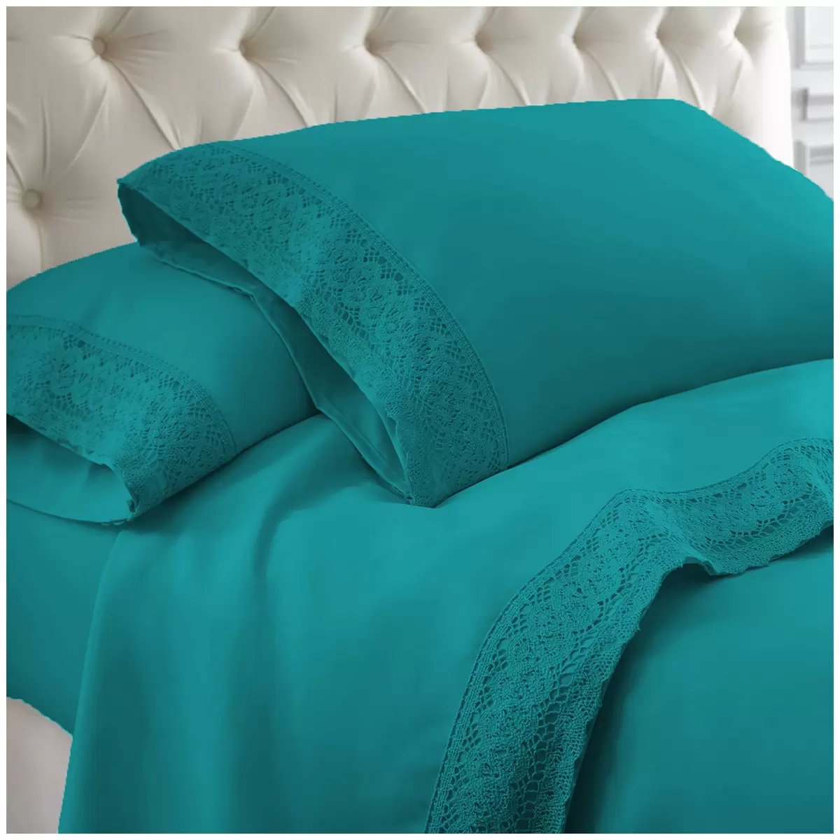 Kingtex Crochet-lace Microfibre Sheet Set 1500 Series Single - Teal/Teal