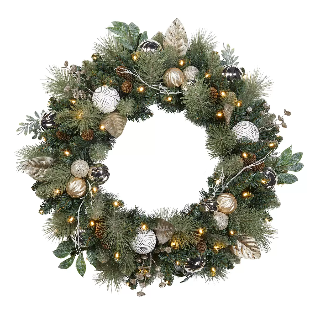 Pre-Lit Decorated Wreath White Gold 76.2 cm